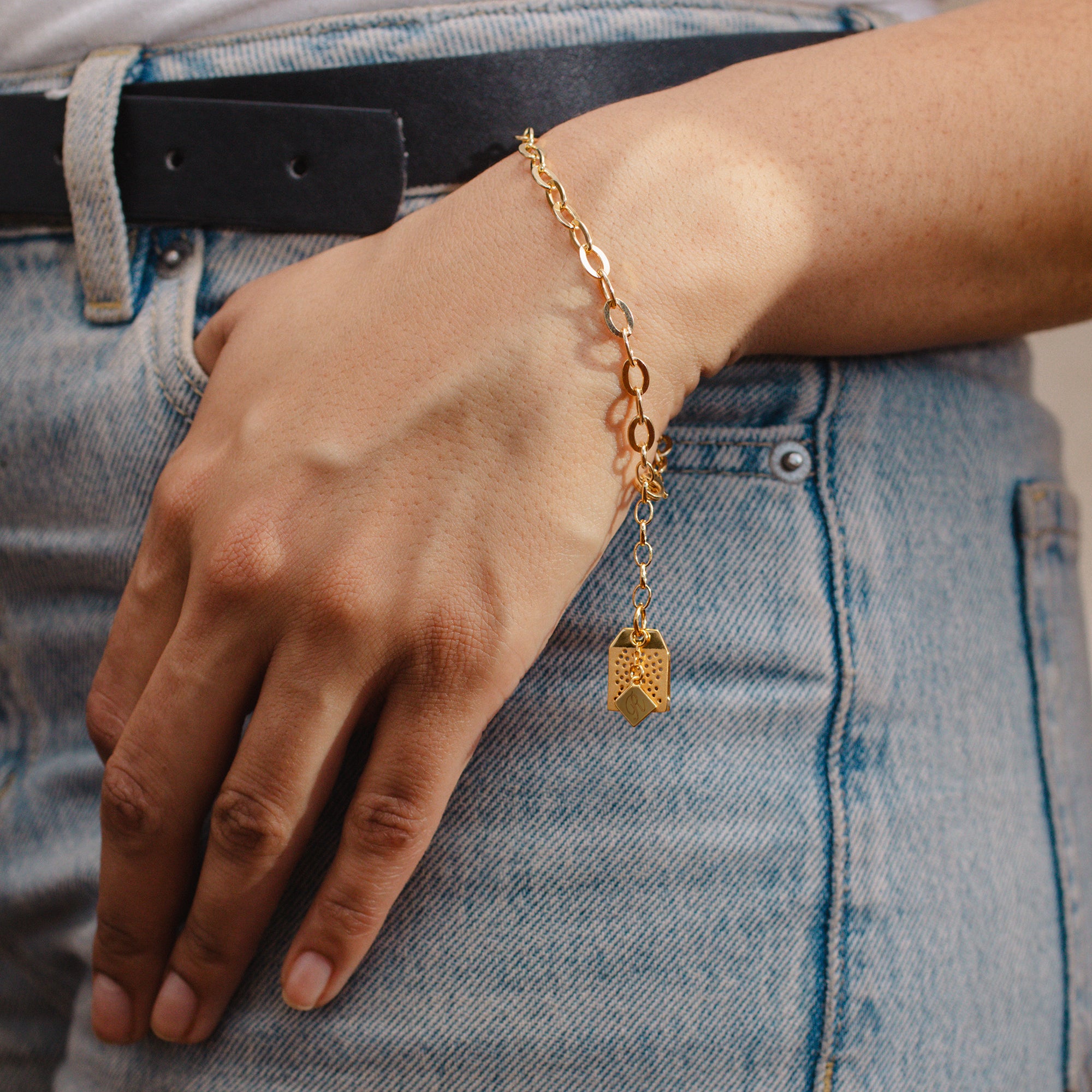 Personalised Sterling Silver Or 18ct Yellow Gold Plated Tea bag Charm Bracelet