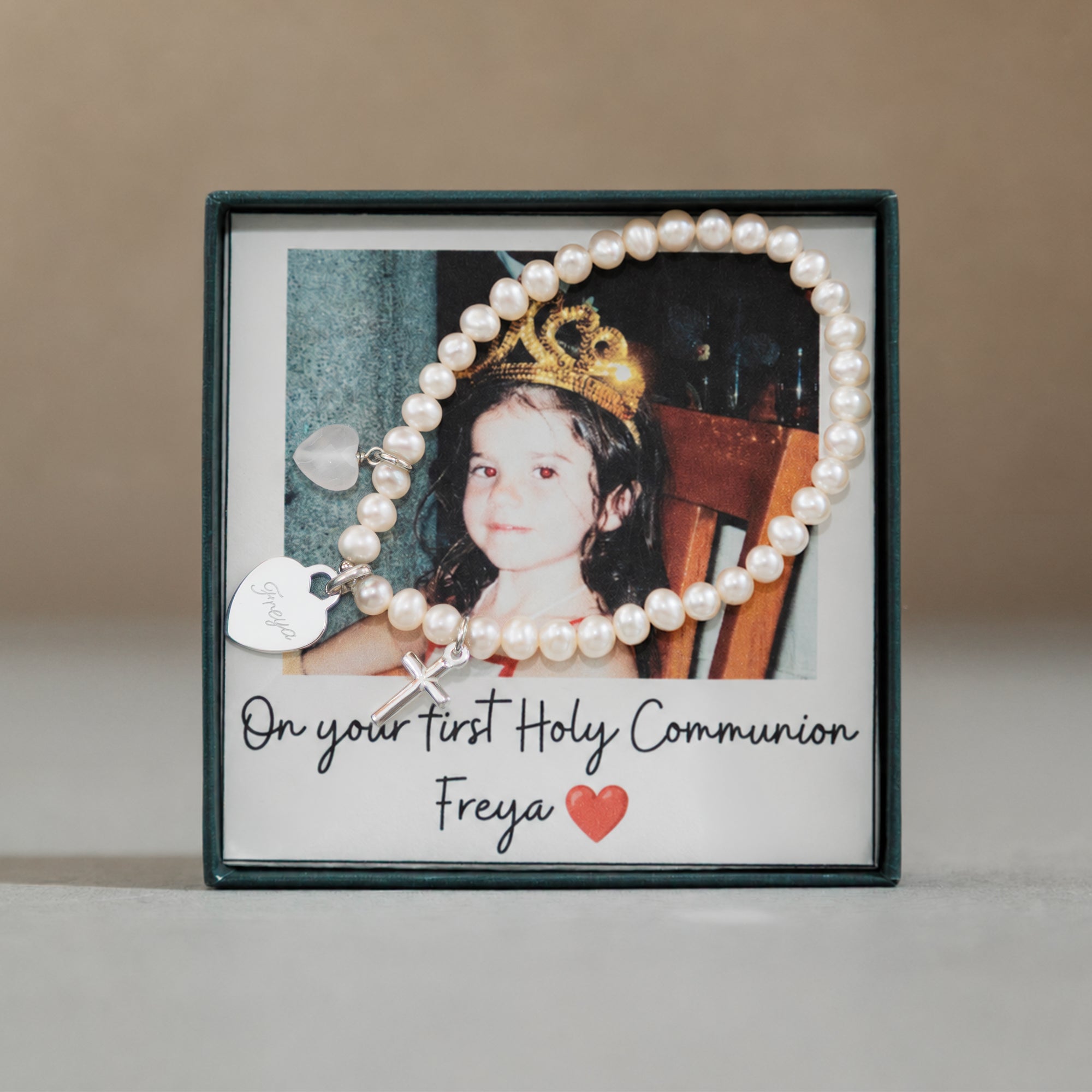 Girl's Personalised Silver Christening Pearl Bracelet with Photobox