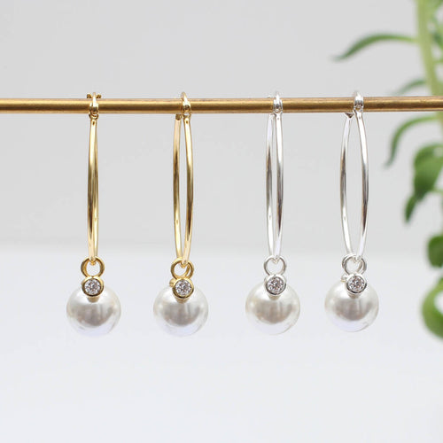 Gold Plated Or Silver And Crystal Pearl Hoop Earrings