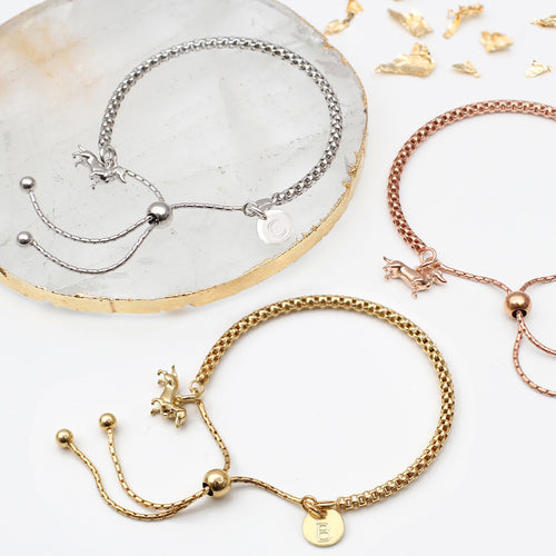 Personalised Silver or 18ct Gold Plated Tiny Dachshund Dog Bracelet