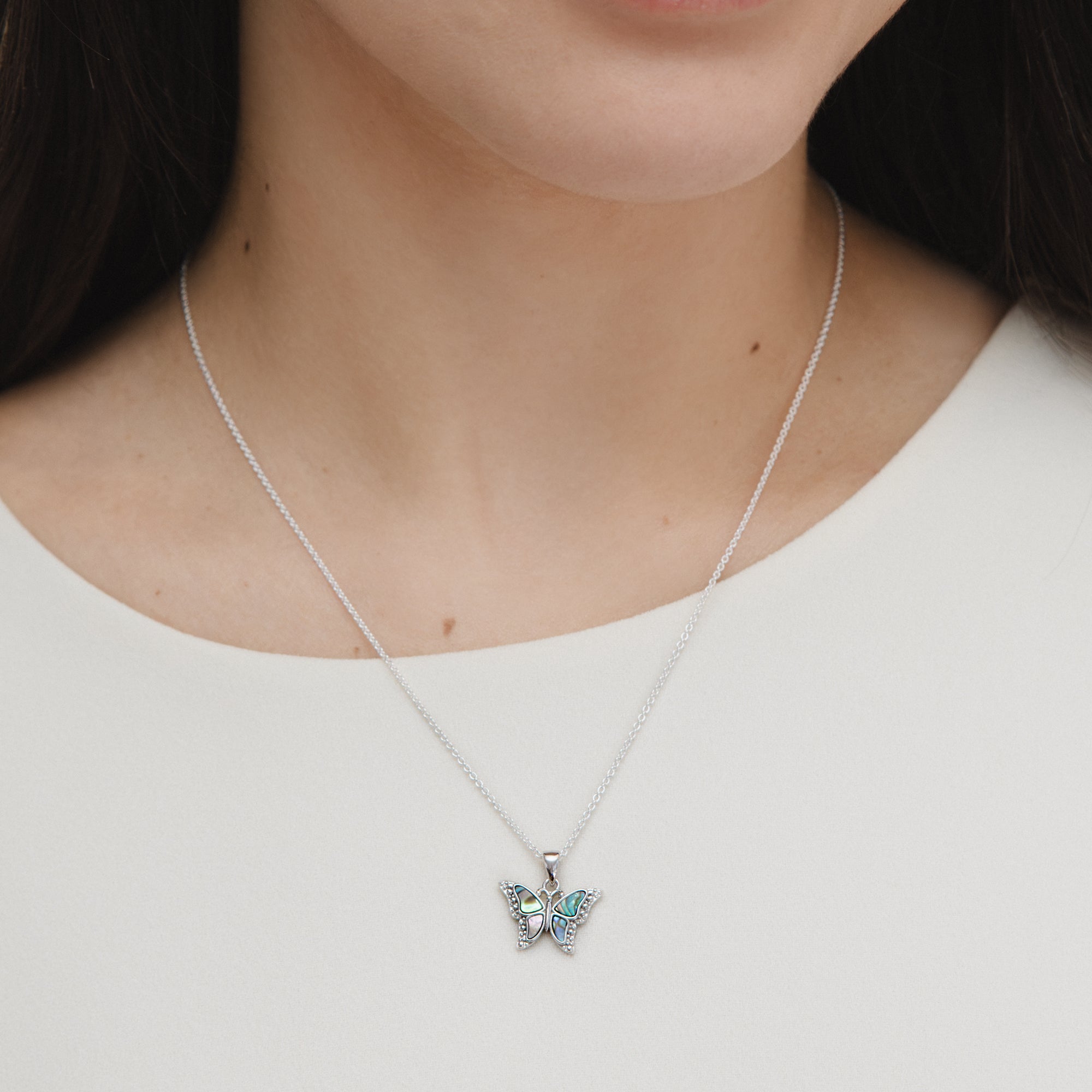 Sterling Silver Pavashell Butterfly Pendant Necklace
