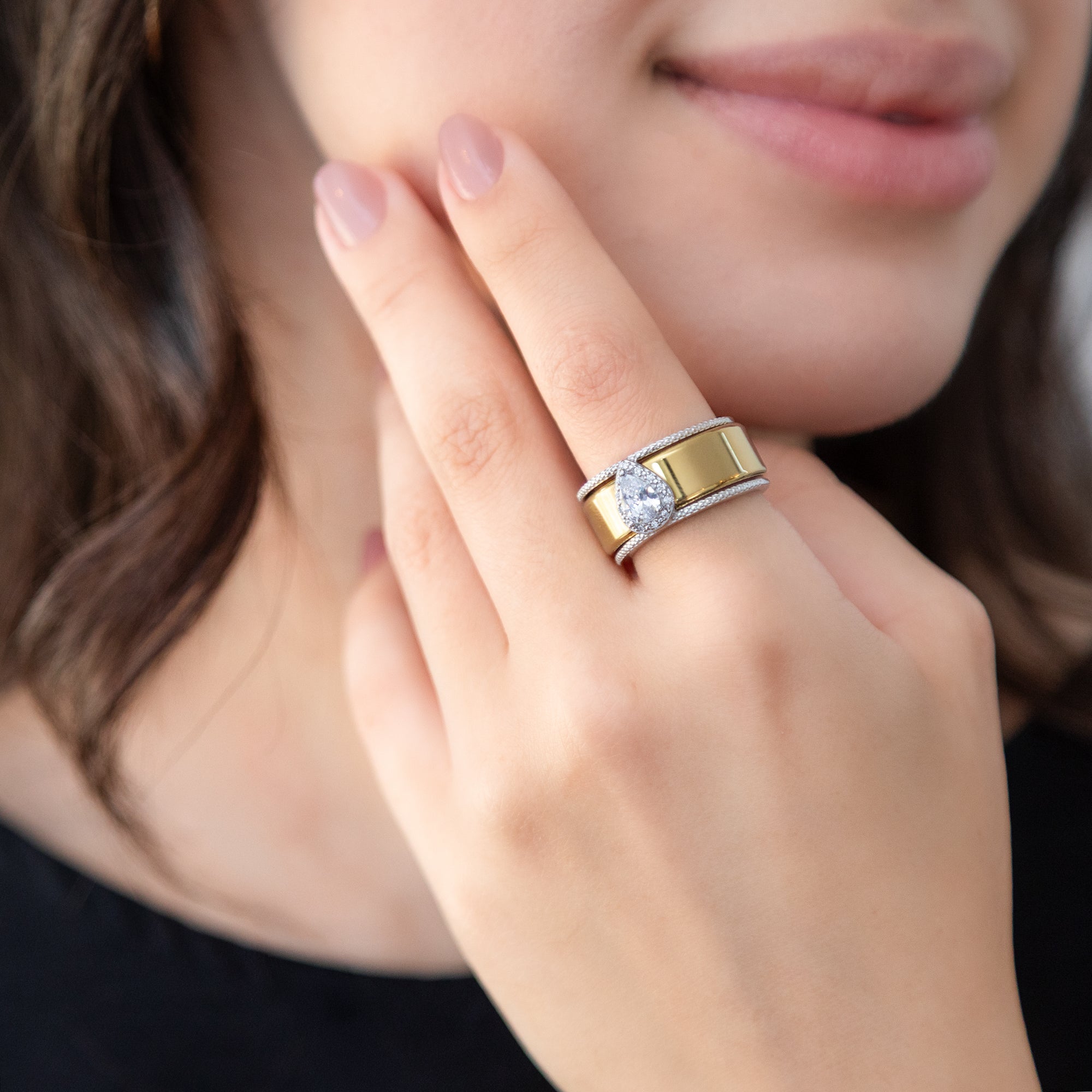 Sterling Silver Rhodium Plated Teardrop CZ Cluster Oura Ring Cover