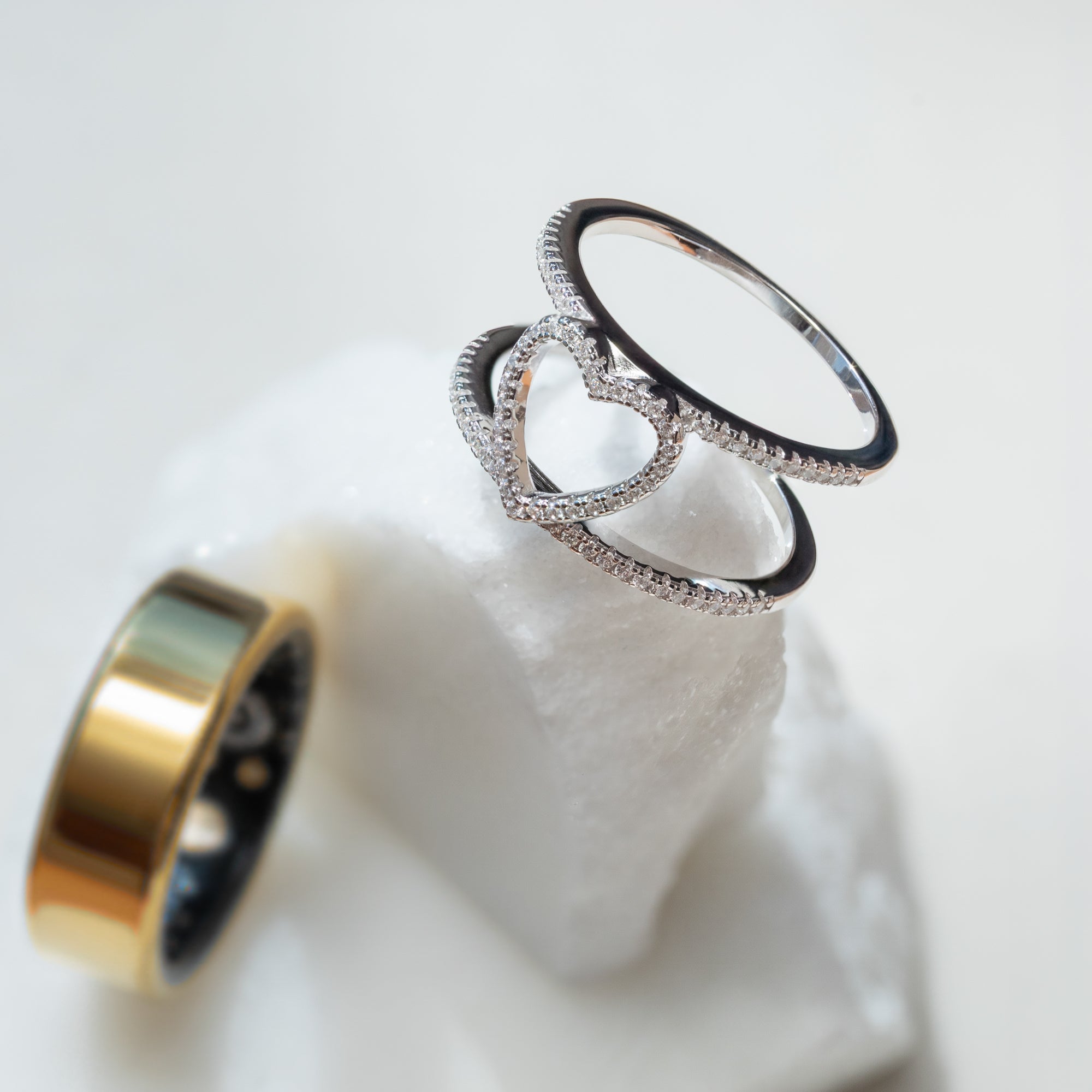 Sterling Silver Rhodium Plated Open Heart CZ Oura Ring Cover