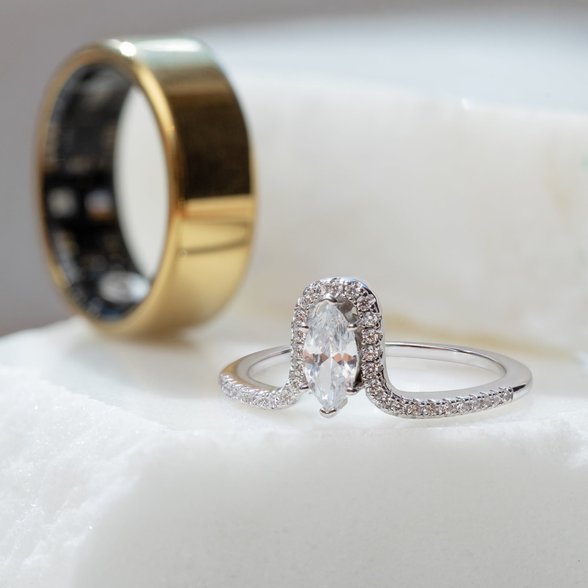 Sterling Silver Rhodium Plated Marquise CZ Cluster & Pave Oura Ring Cover