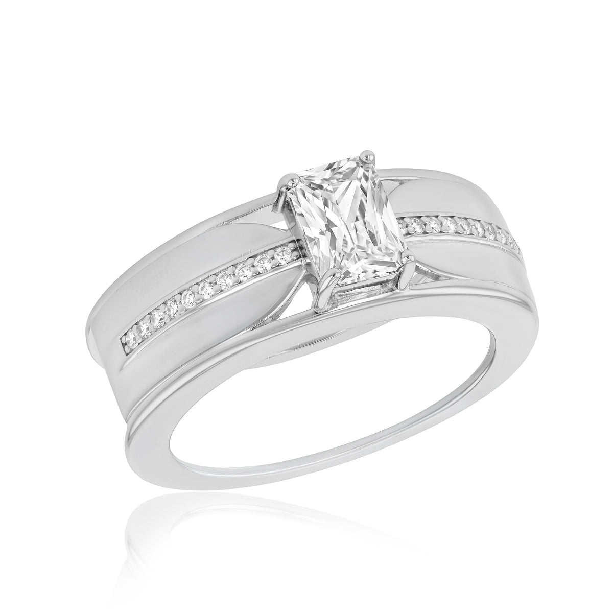 Sterling Silver Rhodium Plated Emerald Cut & Pave CZ Oura Ring 5 Cover