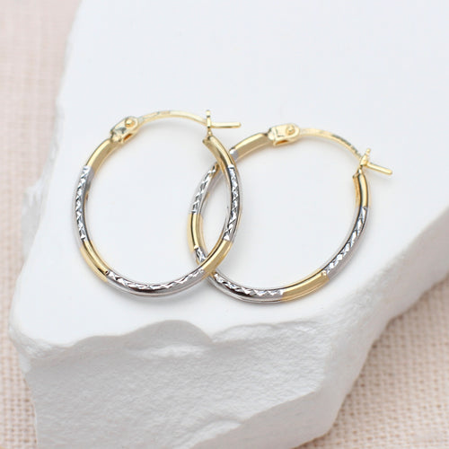 9ct Two Tone Gold Diamond Cut Oval Creole Hoops