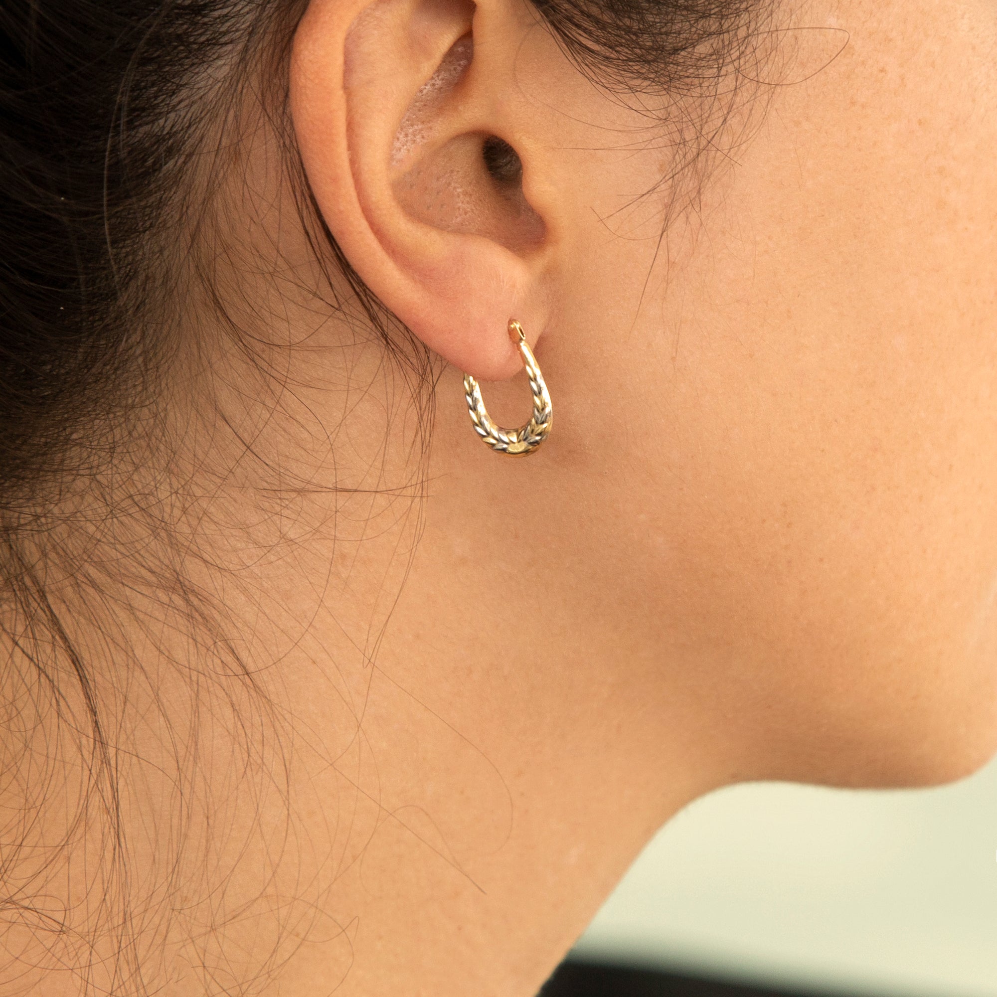 9ct Two Tone Gold Mini Leaf Hoop earrings
