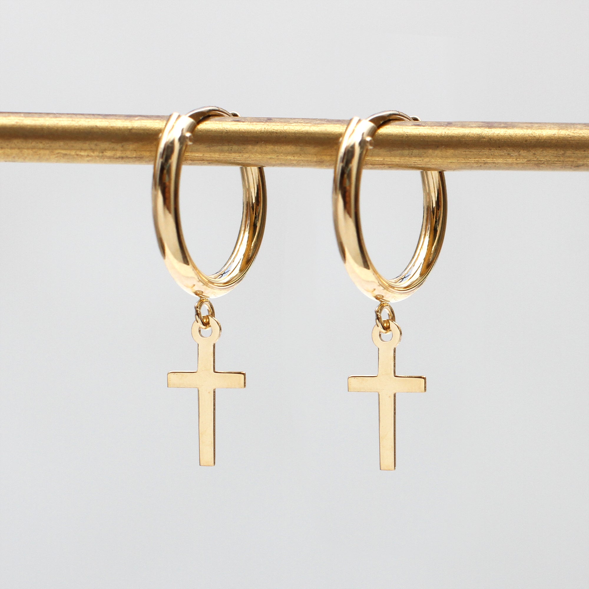 9ct Yellow Gold Cross Sleeper Hoop Earrings