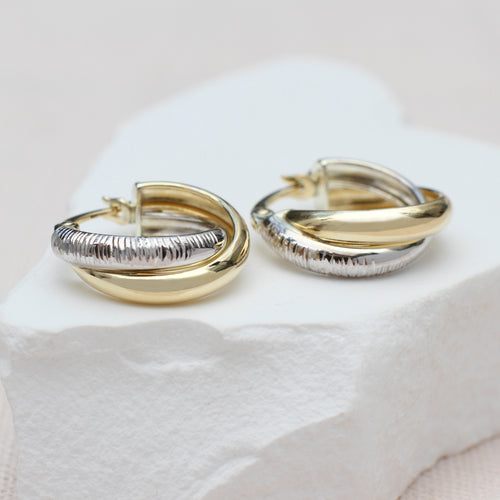 9ct Two Tone Gold Diamond Cut and Plain Band Crossover Hoops