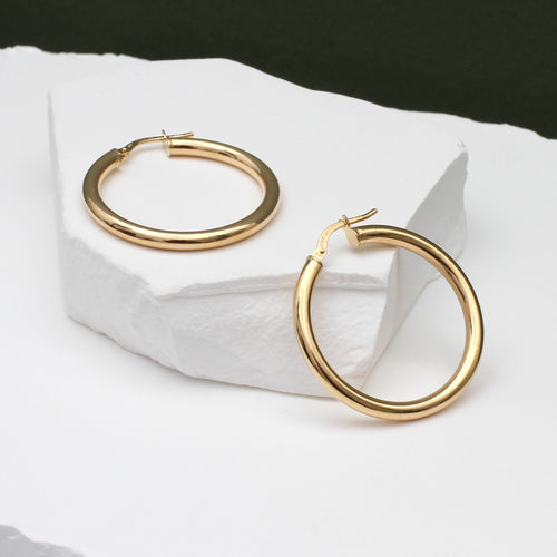 9ct Yellow Gold Round Tube Polished Hoop Creole Earrings