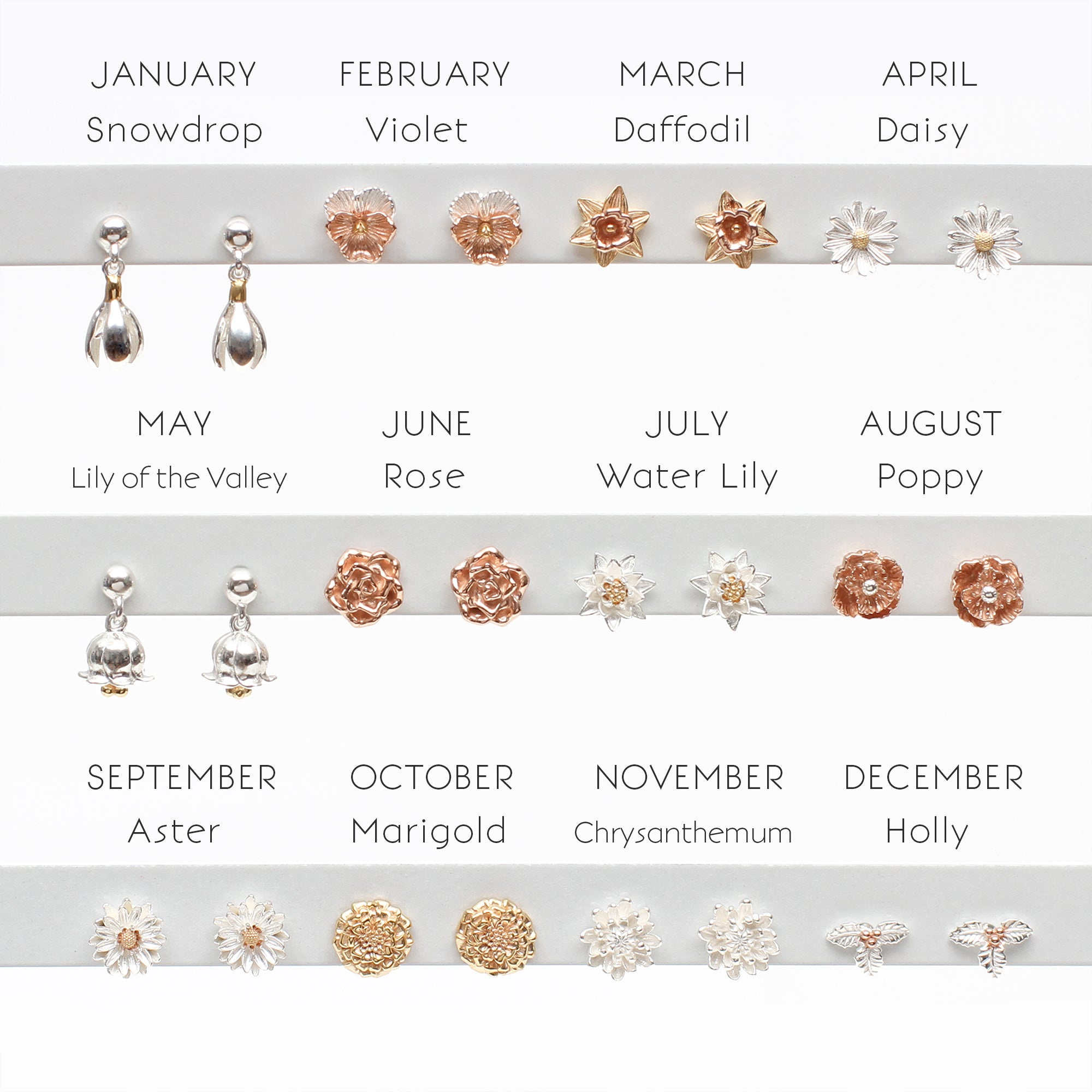 Sterling Silver and 18ct Gold Plated Birth Flower Earrings