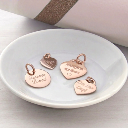 Personalised 18ct Rose Gold Plated Heart And Disc Charms