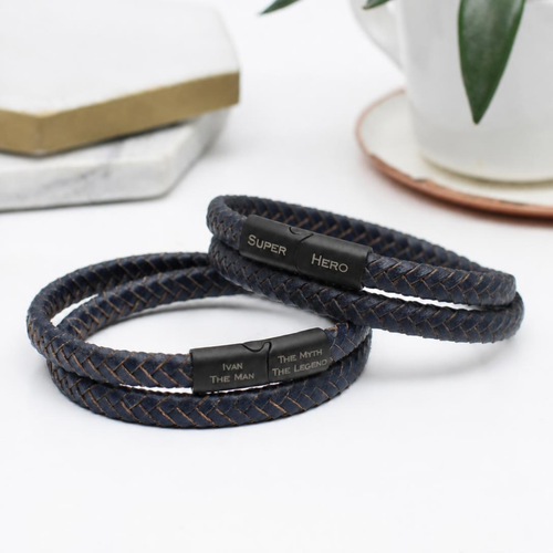 Personalised Men's Ruthenium Clasp Denim Blue Wrap Bracelet