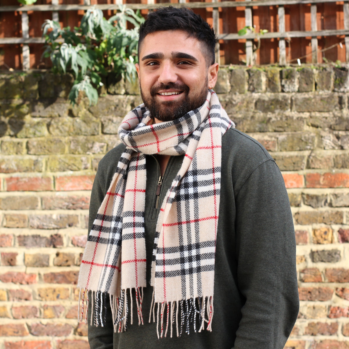 Lightweight Beige Tartan Lambswool Scarf