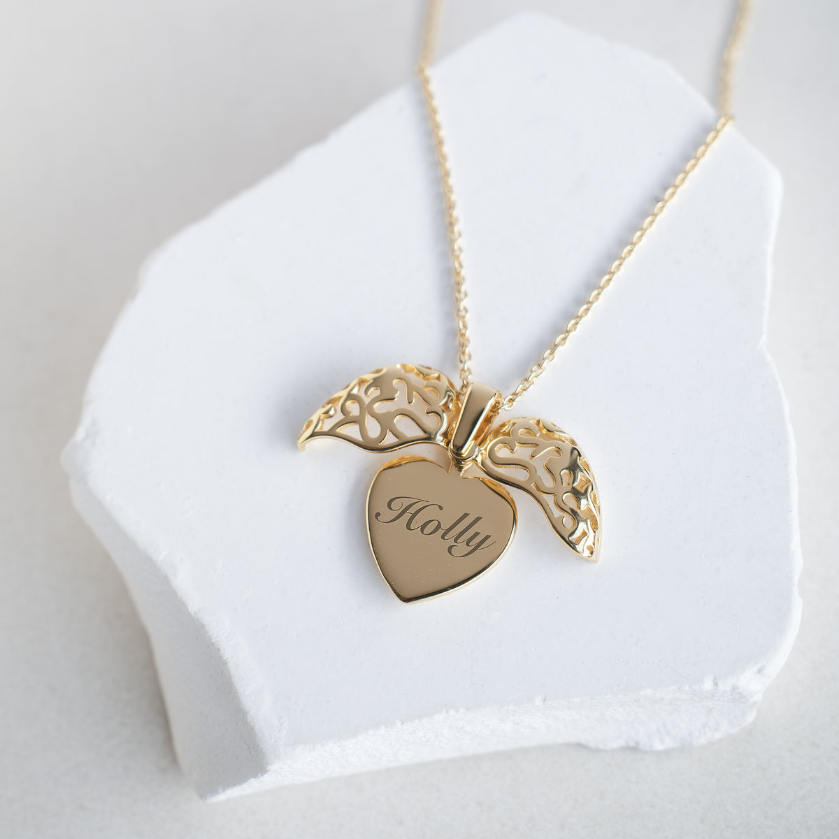Personalised 18ct Gold Plated or Sterling Silver Filigree Heart Open Wing Necklace