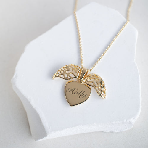 Personalised 18ct Gold Plated or Sterling Silver Filigree Heart Open Wing Necklace