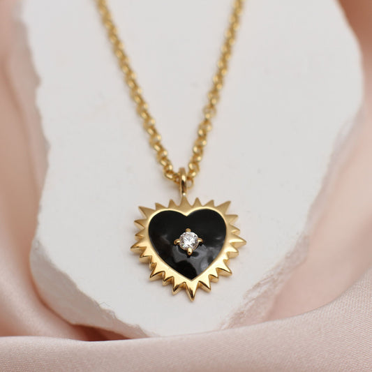 Personalised Gold & Black Enamel Sacred Heart Necklace