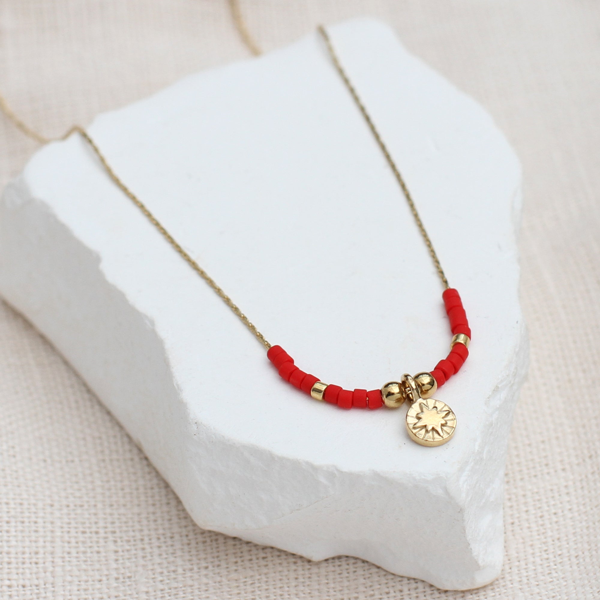 Personalised Gold or Silver Red Beaded Sun Charm Necklace