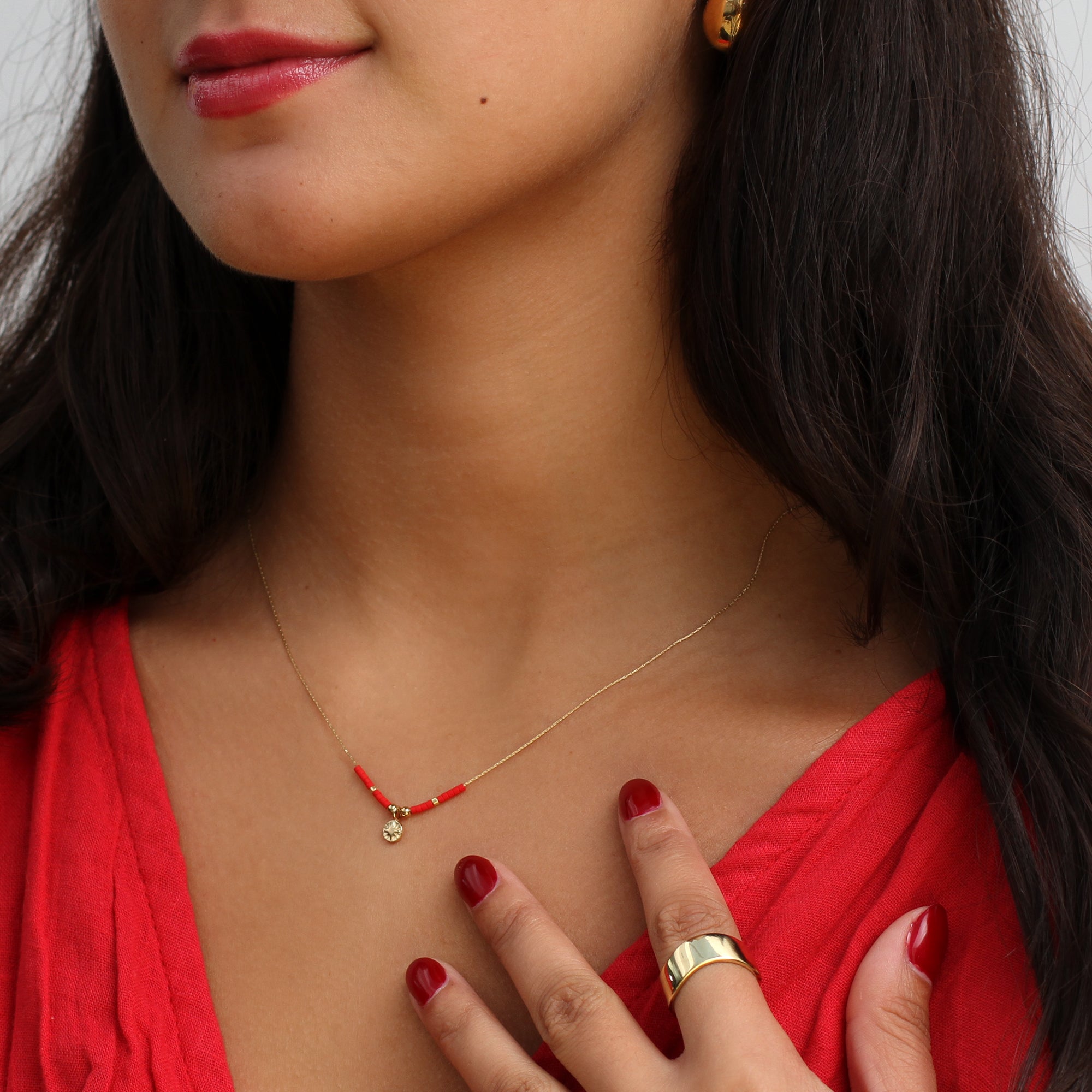 Personalised Gold or Silver Red Beaded Sun Charm Necklace