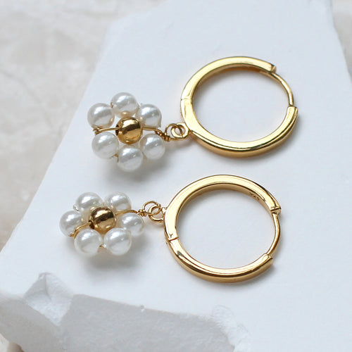 18ct Gold Plated Pearl Daisy Hoop Earrings