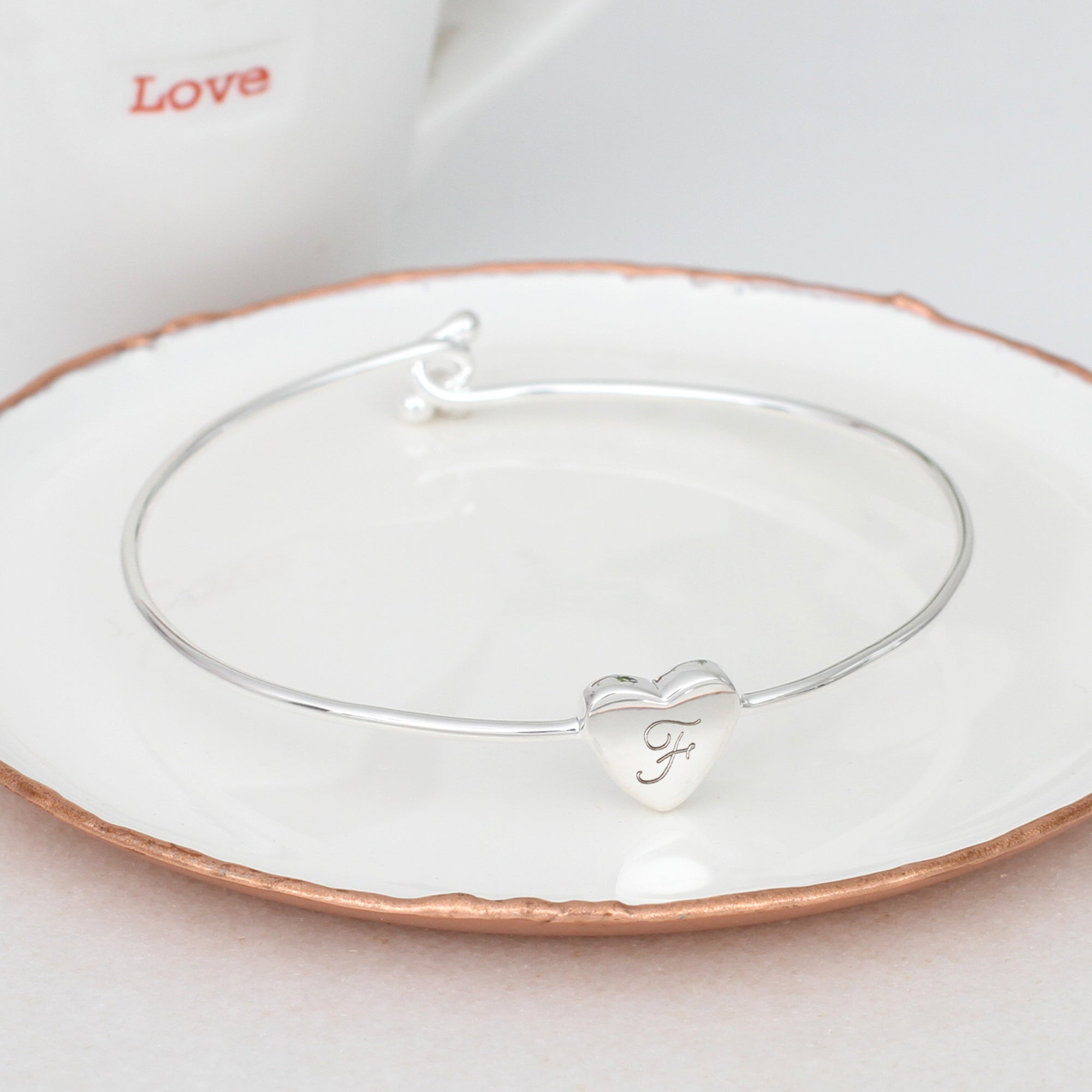 Sterling Silver or 18ct Rose Gold Plated Personalised Heart Bangle