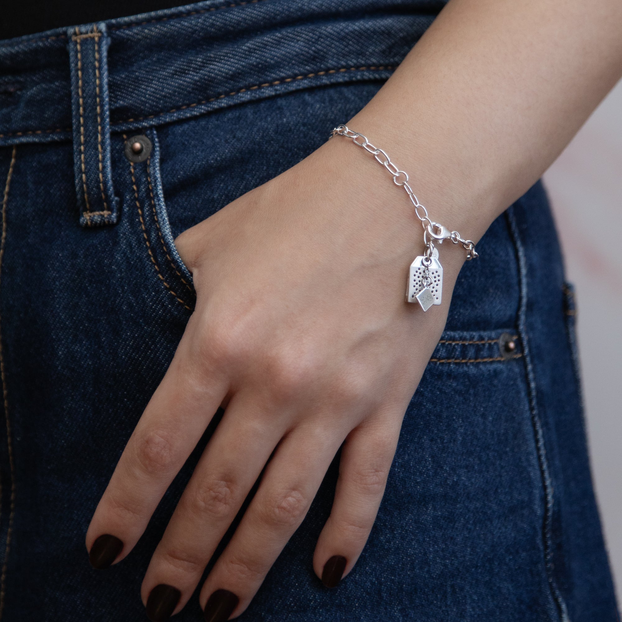 Personalised Sterling Silver or 18ct Yellow Gold Plated Tea bag Charm Bracelet