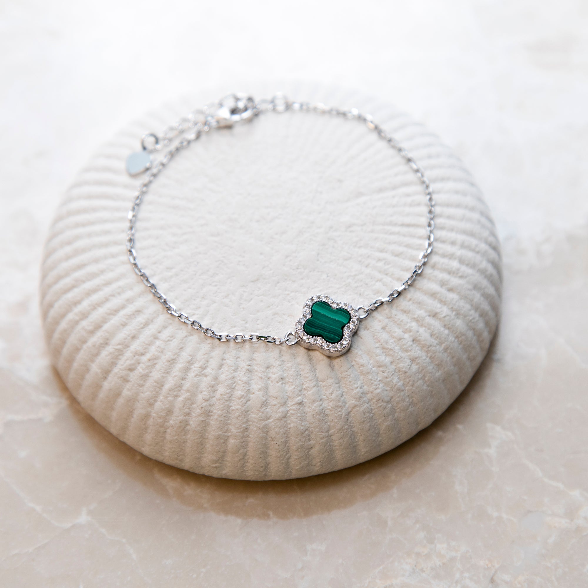 Sterling Silver Malachite Clover & CZ Bracelet