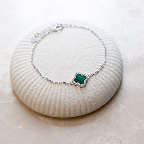 Sterling Silver Malachite Clover & CZ Bracelet