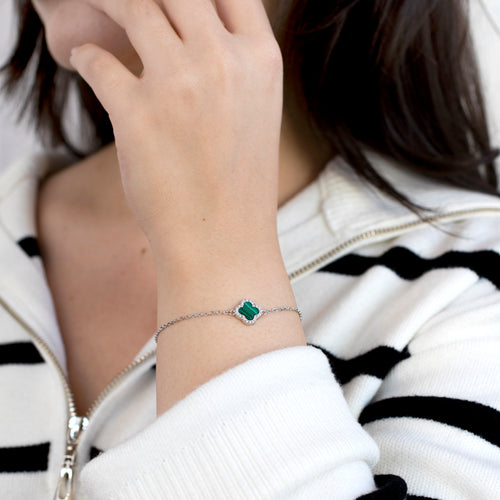 Sterling Silver Malachite Clover & CZ Bracelet