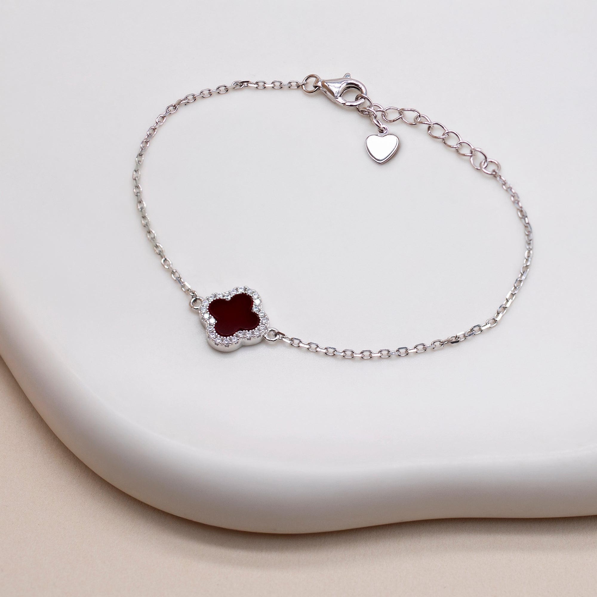 Sterling Silver Red Agate Clover & CZ Bracelet