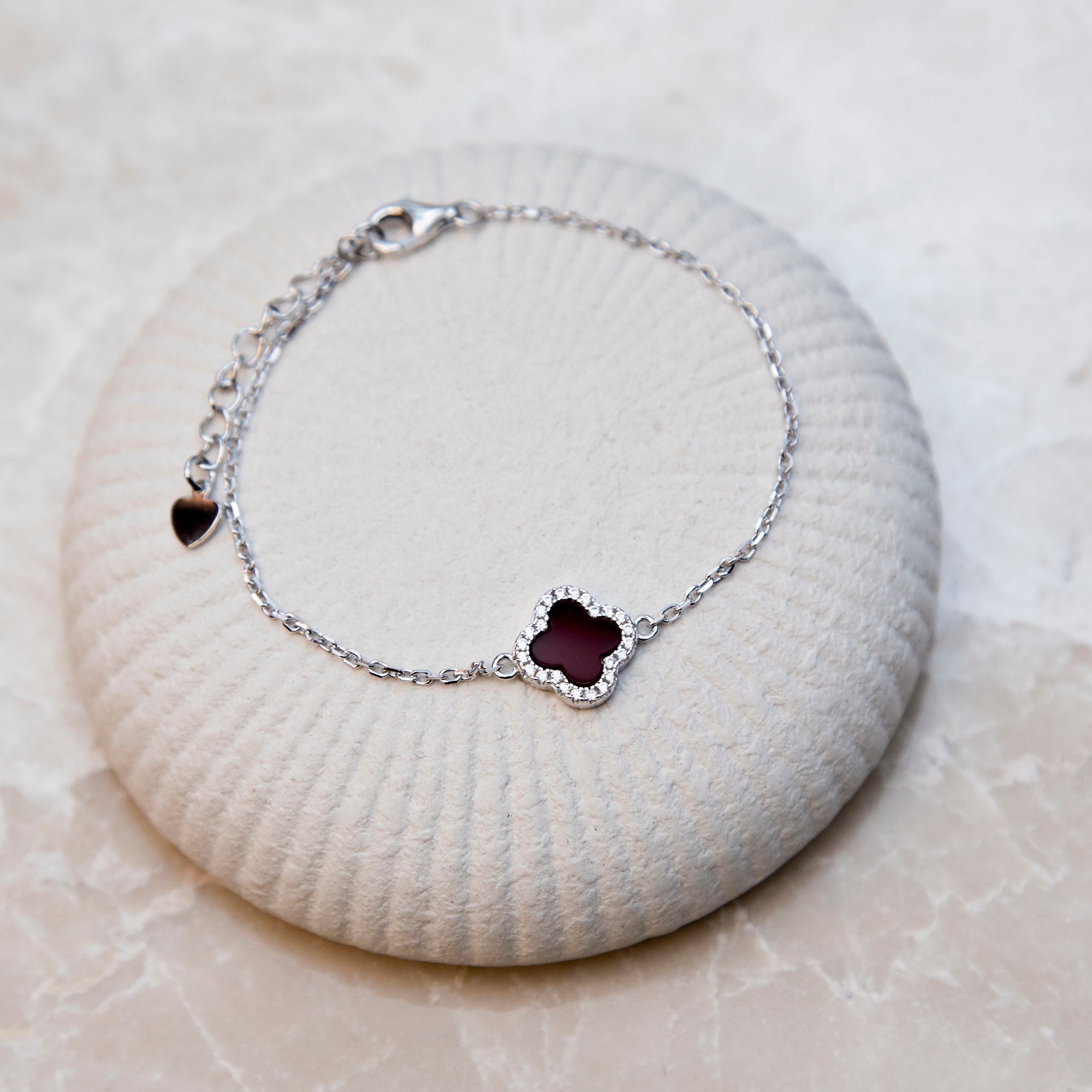 Sterling Silver Red Agate Clover & CZ Bracelet