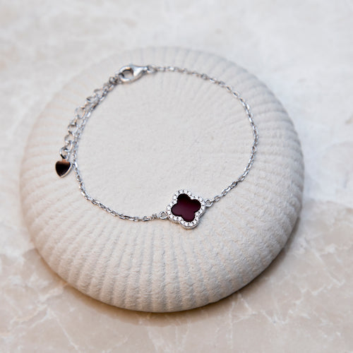 Sterling Silver Red Agate Clover & CZ Bracelet