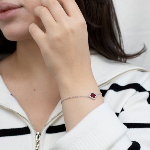 Sterling Silver Red Agate Clover & CZ Bracelet