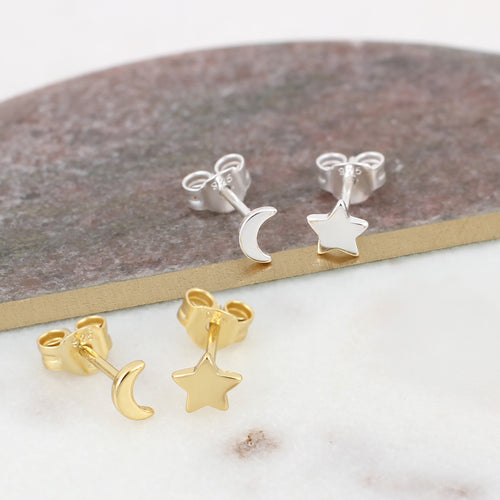 18ct Gold Plated or Silver Moon & Star Earrings