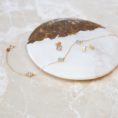 9ct Gold Mother of Pearl Clover Bracelet & Earrings Set