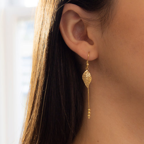 9ct Yellow Gold Diamond Cut Leaf and Chain Drop Earrings