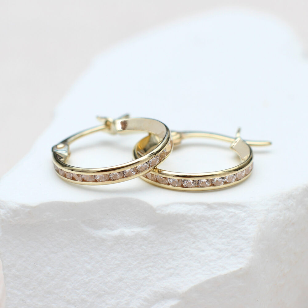 9ct Yellow Gold Cubic Zirconia Channel Set Hoop Earrings