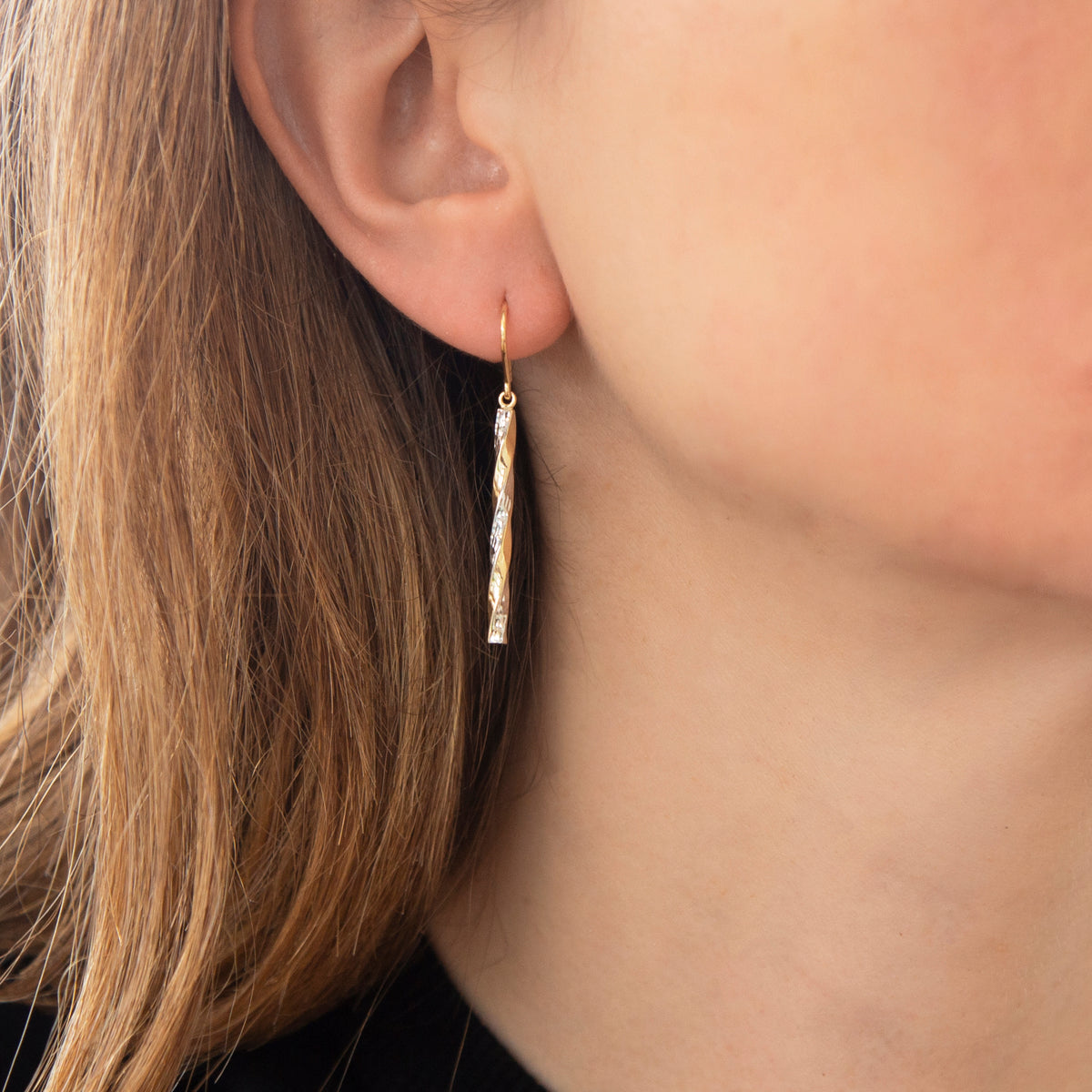 9ct Two Colour Gold Twist Diamond Cut Pole Drop Earrings