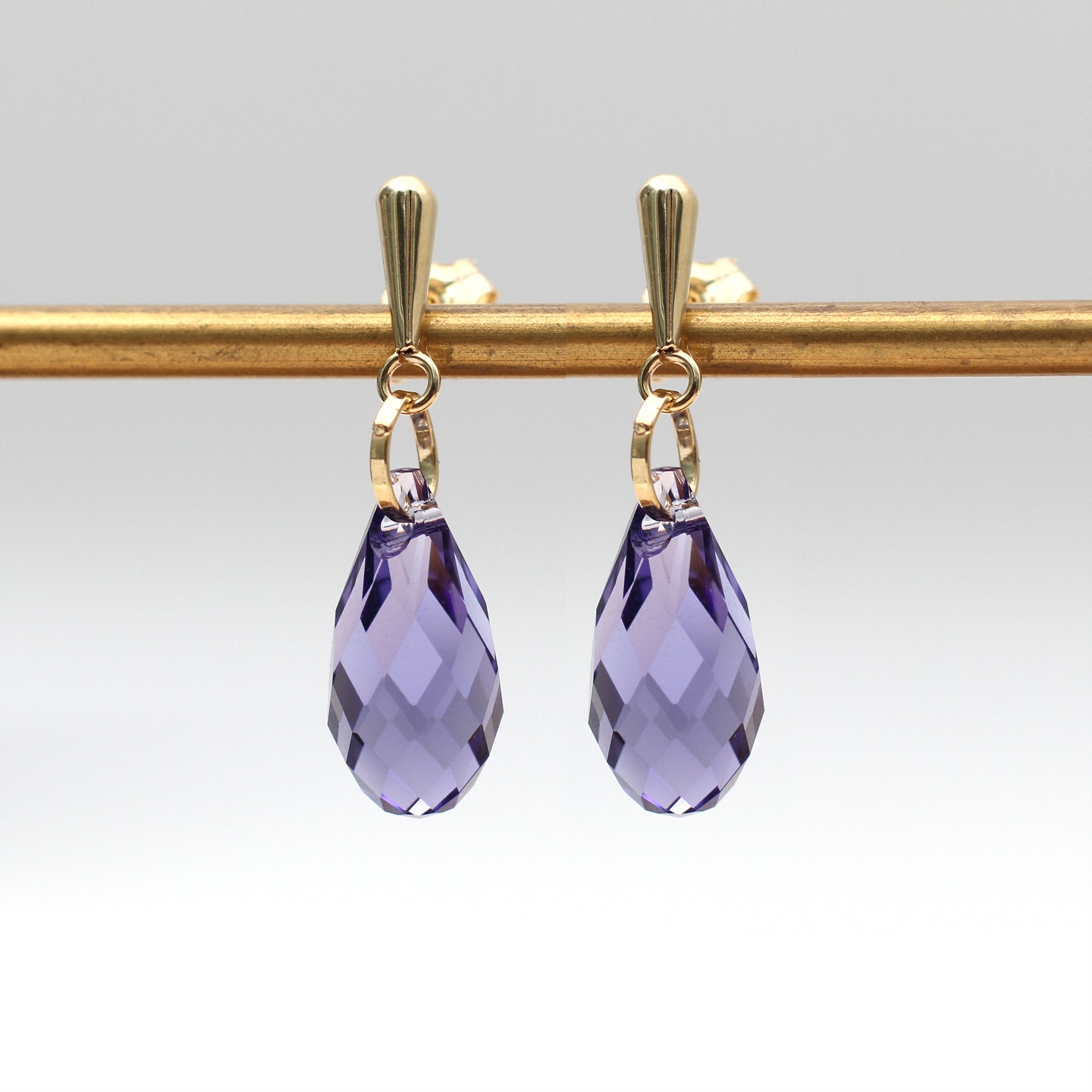9ct Yellow Gold Purple Swarovski Crystal Teardrop Earrings