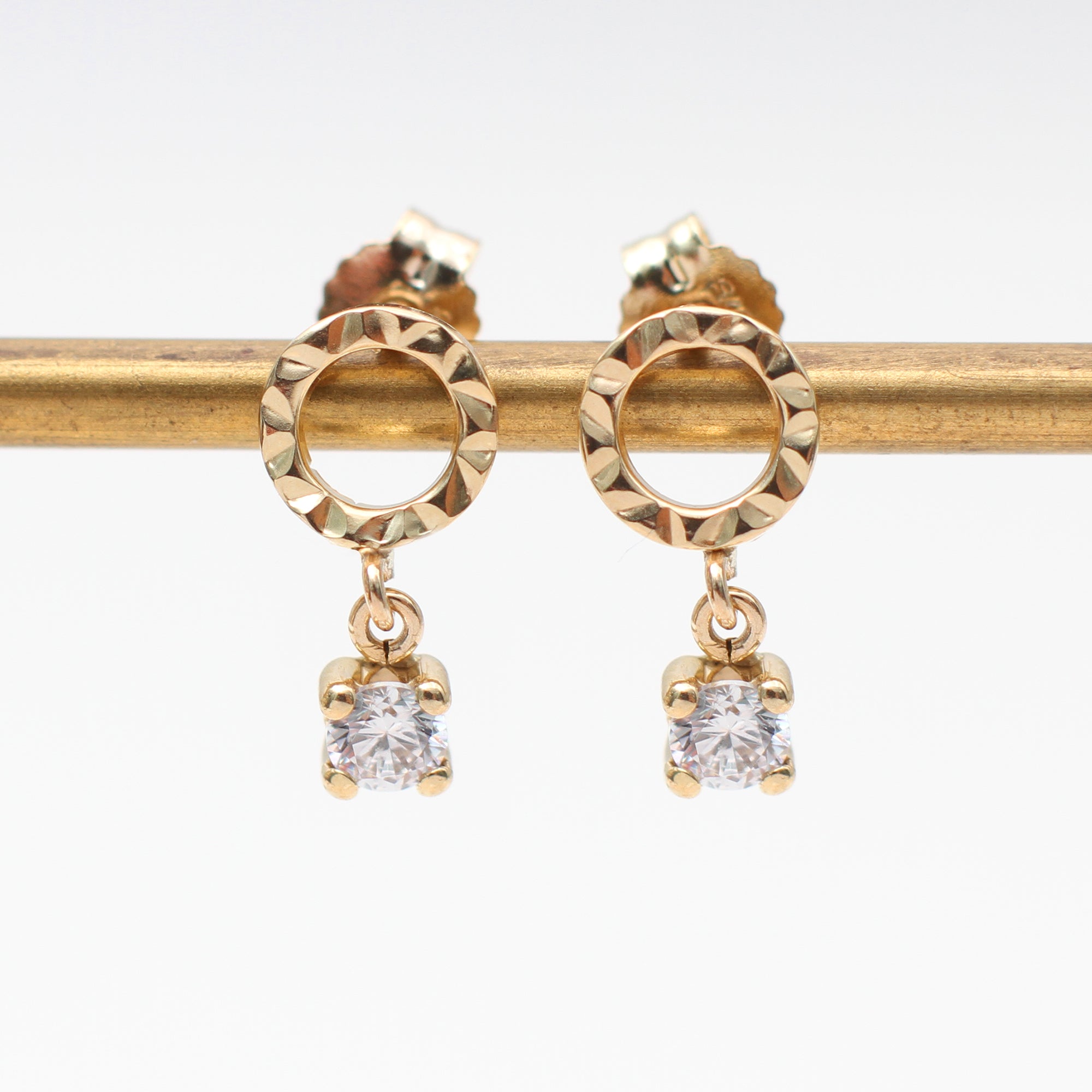 9ct Yellow Gold Diamond Cut Cz Circle Drop Stud Earrings
