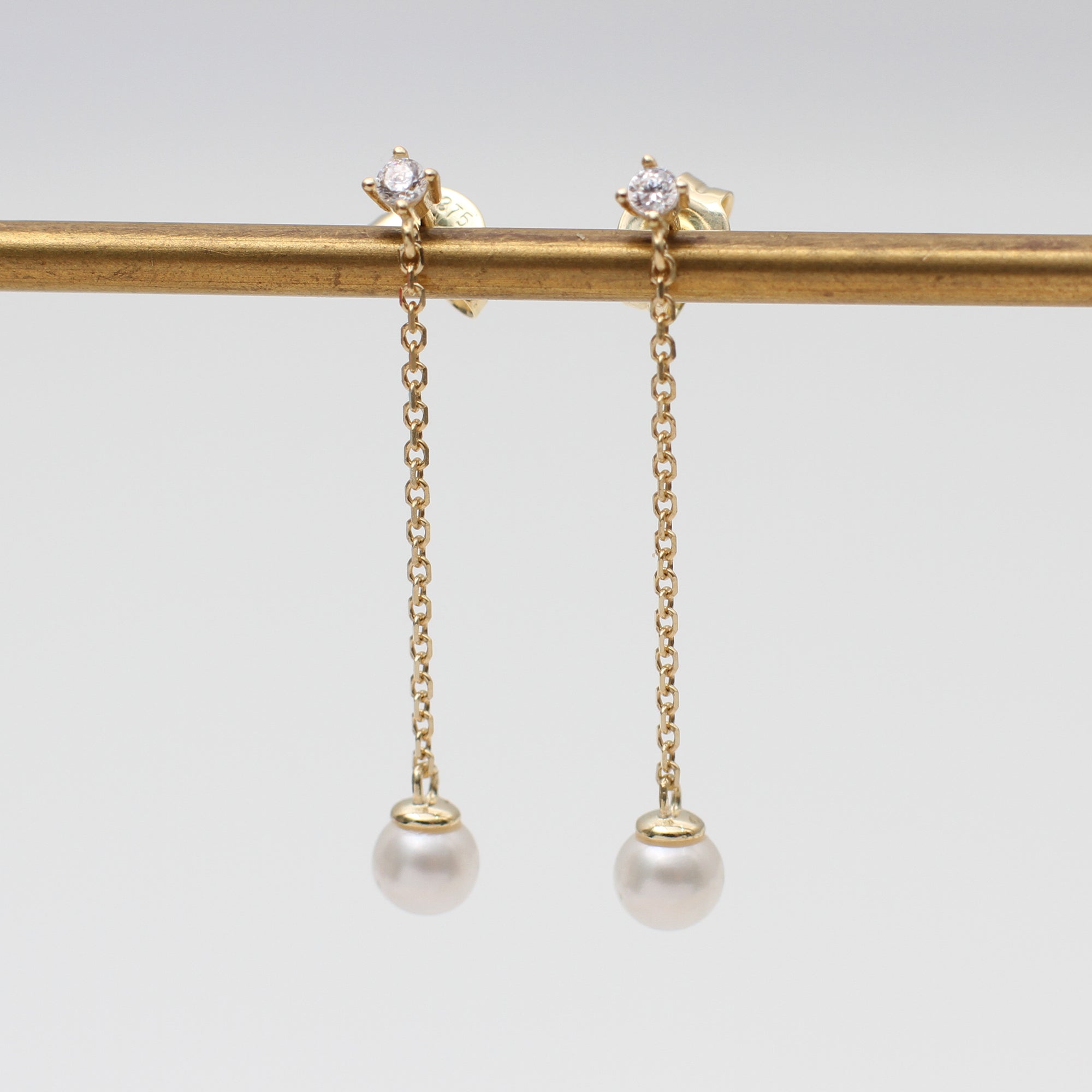 9ct Yellow Gold Cz & Pearl Chain Drop Stud Earrings