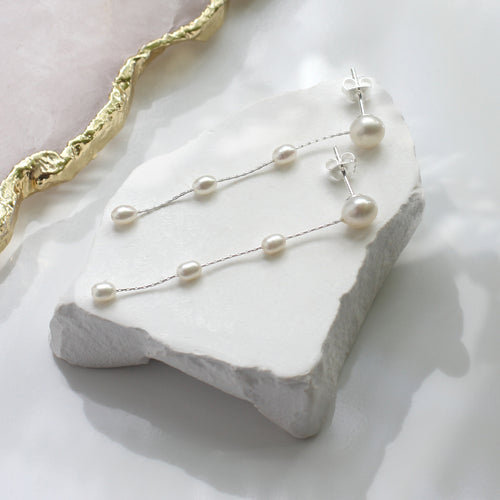 Sterling Silver or 18ct Gold Plated Drop Chain Freshwater Pearl Earrings