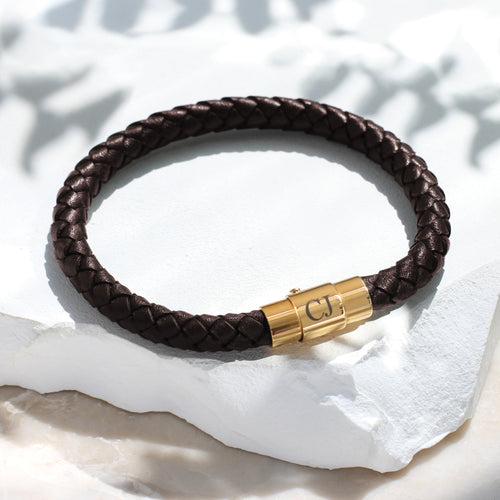 Men's Personalised Gold Clasp Plaited Leather Bracelet