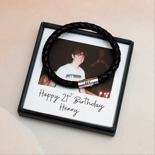 Black braided bracelet with a gift box containing a photo and 'Happy 21st Birthday Henry' message.
