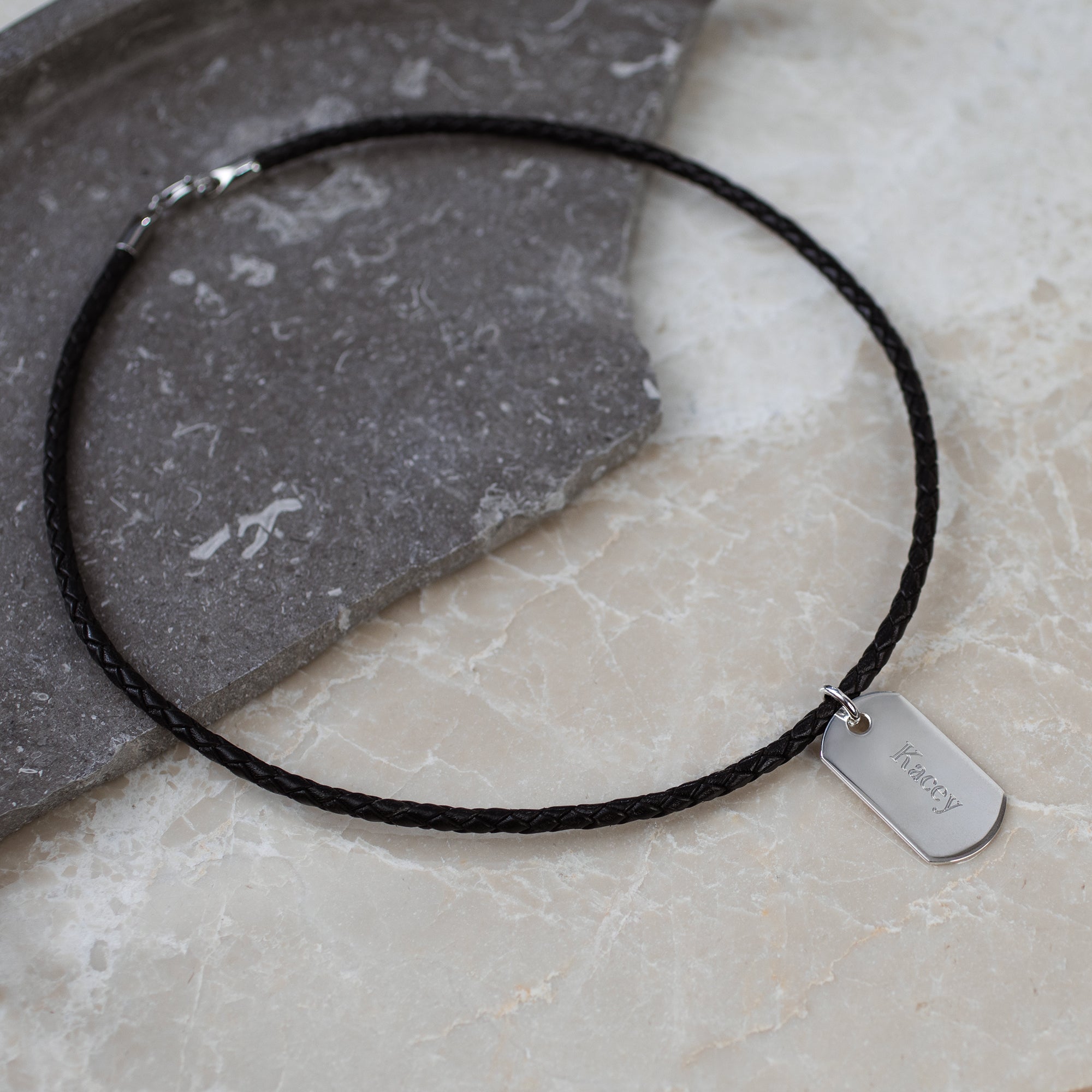 Men's Woven Leather And Polished Silver Dog Tag Necklace