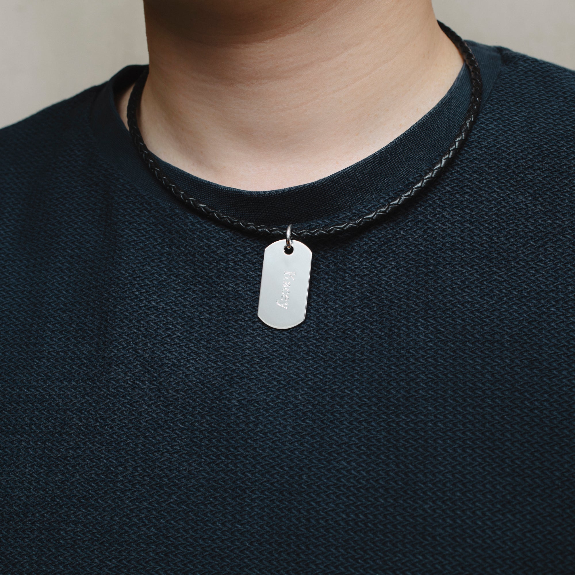 Men's Woven Leather And Polished Silver Dog Tag Necklace