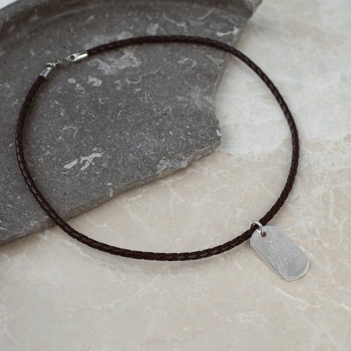 Men's Woven Leather And Polished Silver Dog Tag Necklace