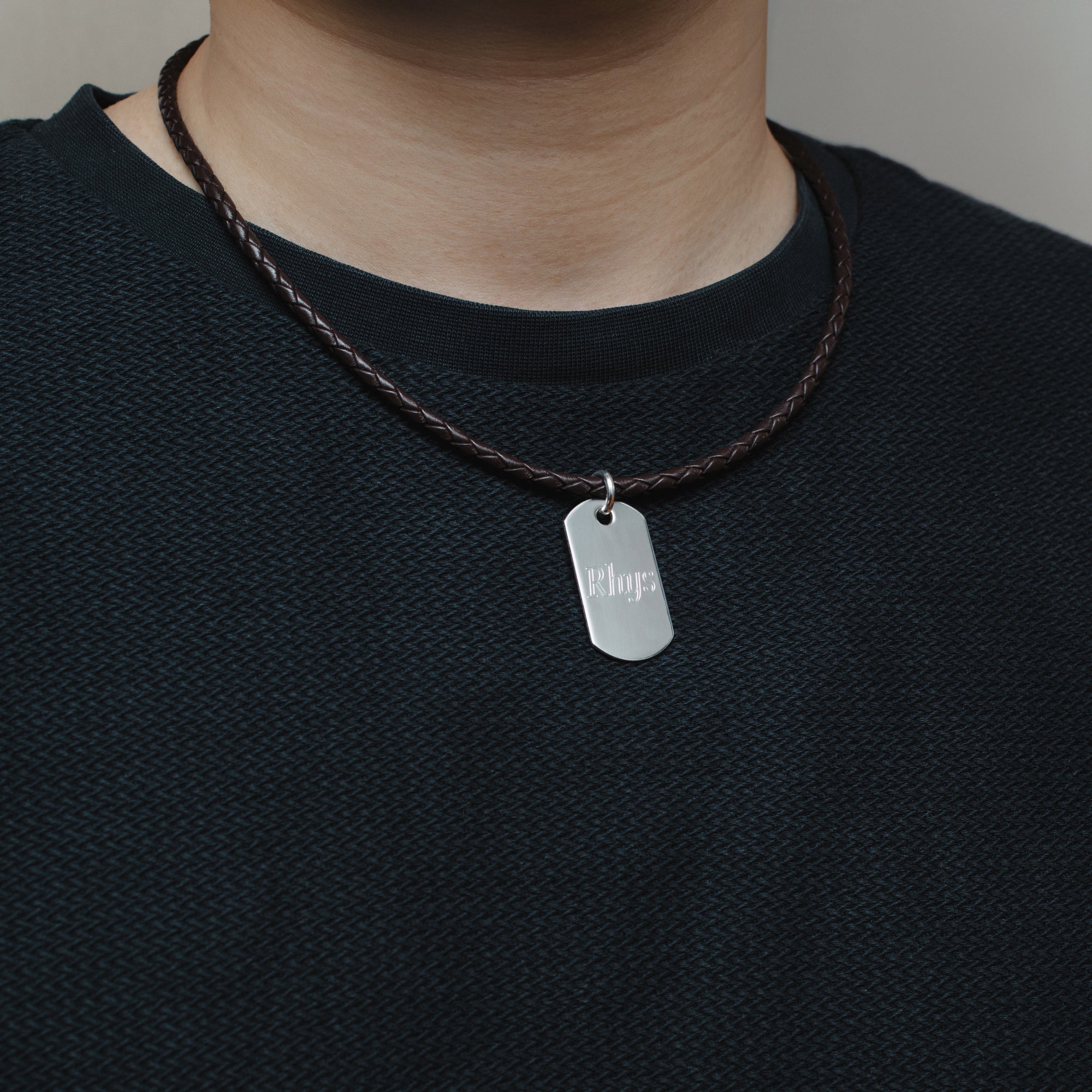 Men's Woven Leather And Polished Silver Dog Tag Necklace