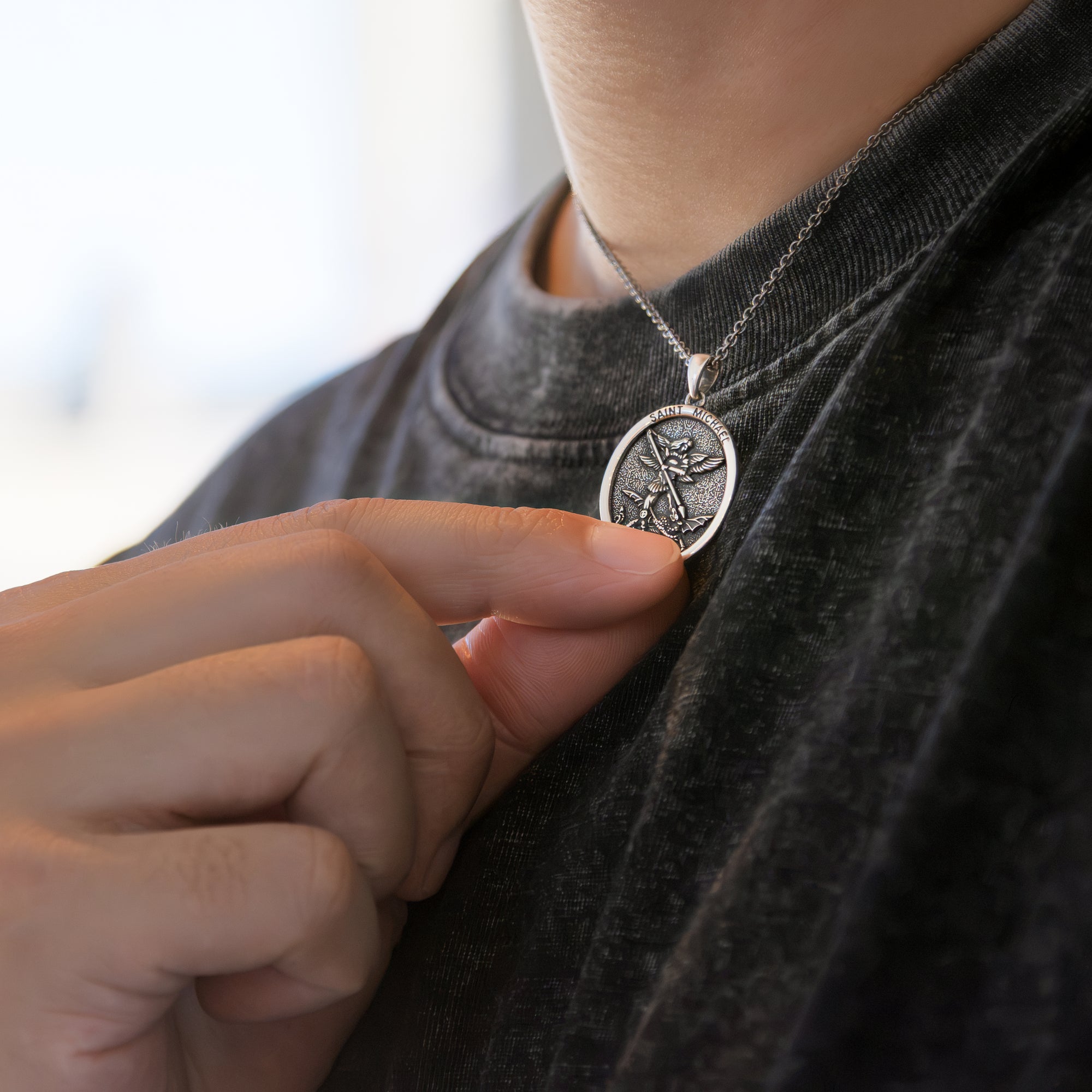 Sterling Silver Oxidised St Michael Necklace