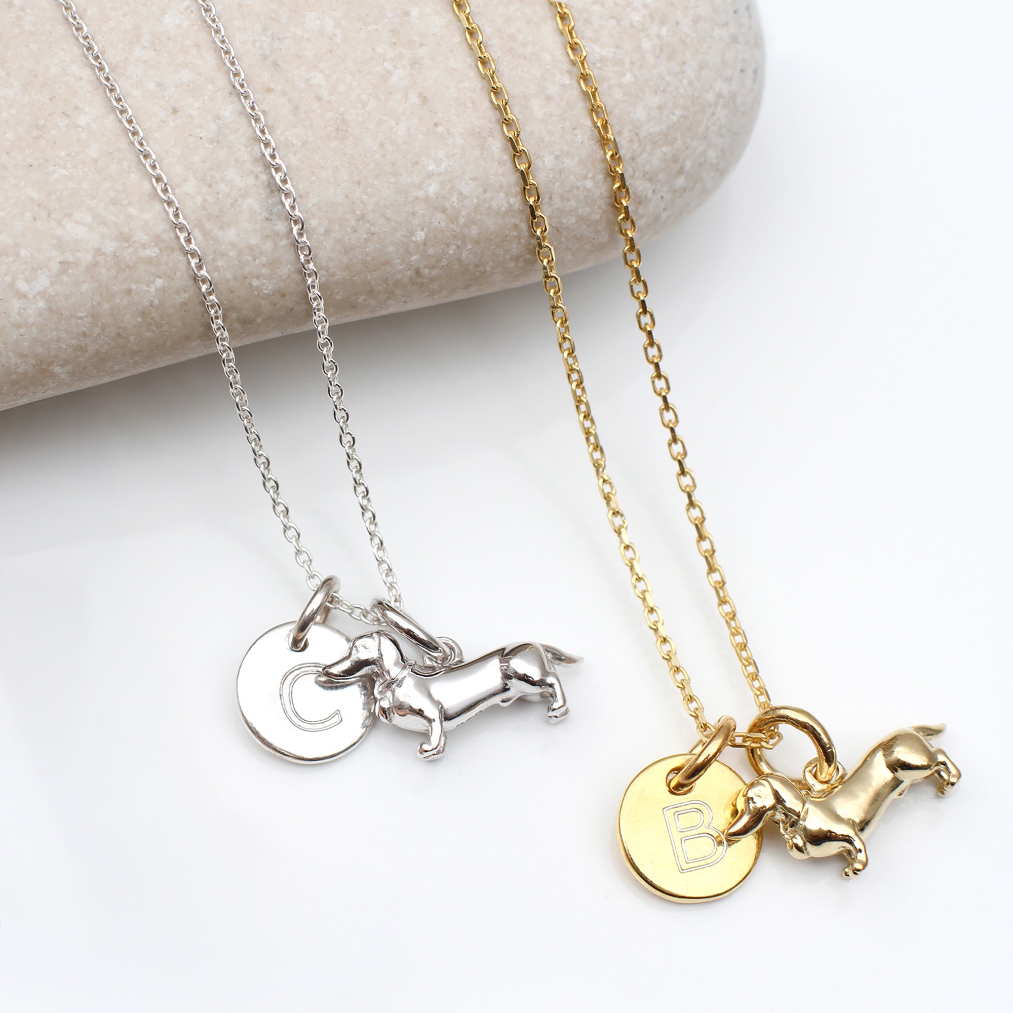 Silver or 18ct Gold Plated Personalised Initial Disc Tiny Dachshund Dog Necklace